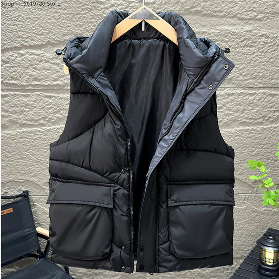 Men's Hooded Vest Winter Warm Waistcoat Men Cotton Padded Sleeveless Jackets Big Pockets Black Thick Coat Cosplay Costume 2026