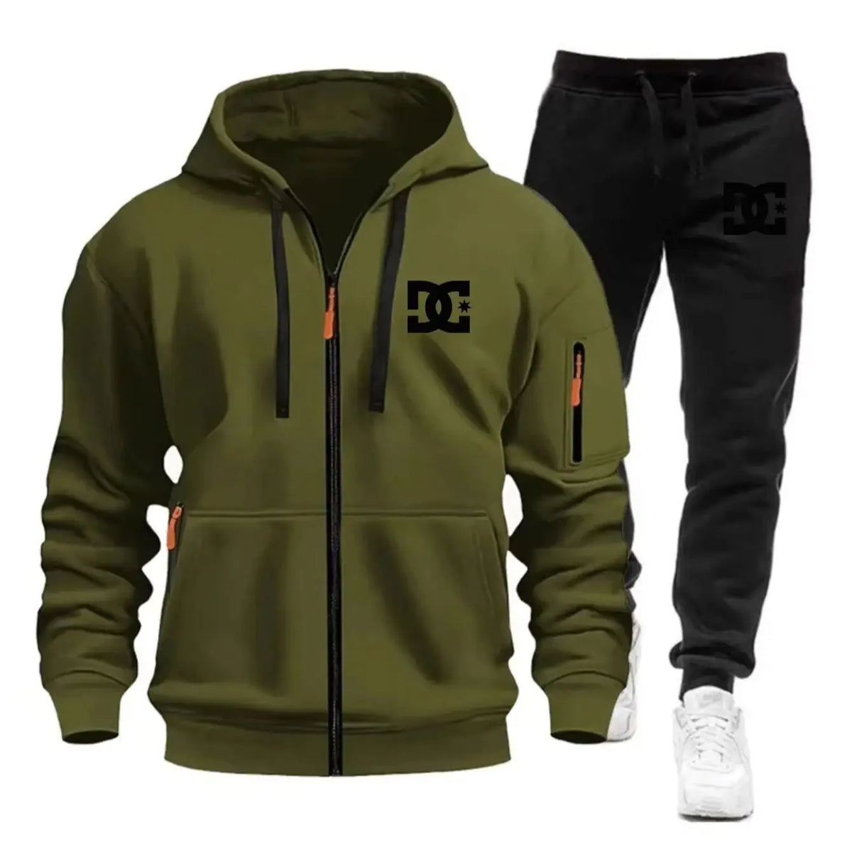 Two sets of men's sportswear for autumn/Winter 2026, including a sweatshirt and two sets of fitness jogging pants with wool caps