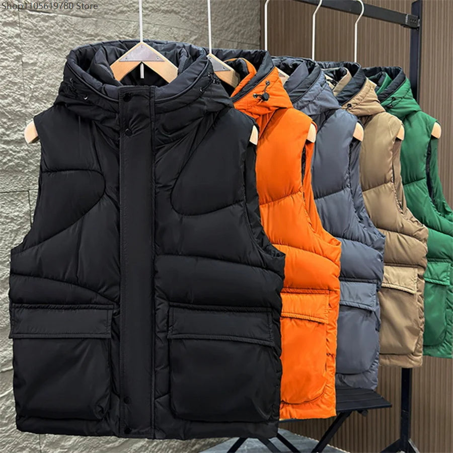 Men's Hooded Vest Winter Warm Waistcoat Men Cotton Padded Sleeveless Jackets Big Pockets Black Thick Coat Cosplay Costume 2026