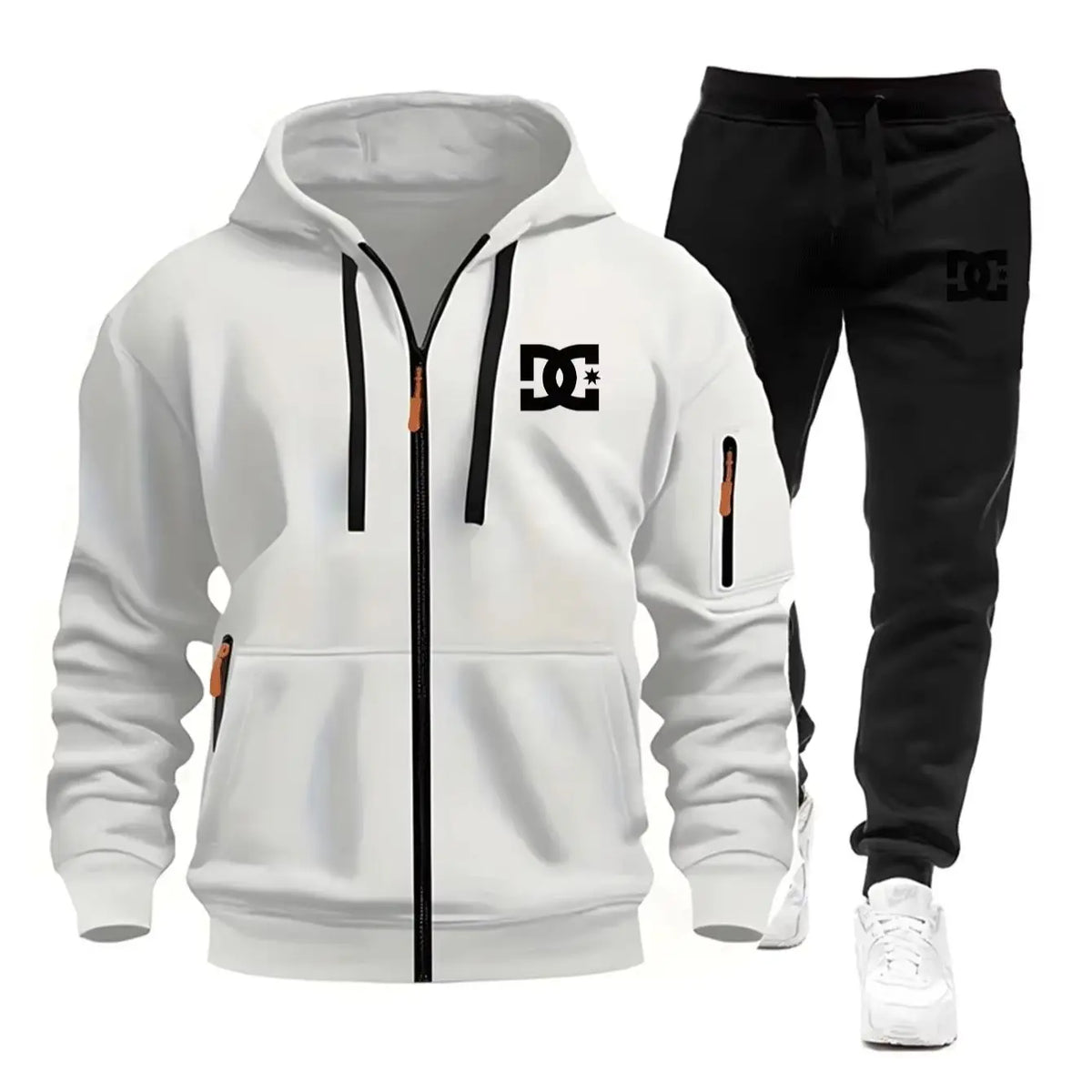 Two sets of men's sportswear for autumn/Winter 2026, including a sweatshirt and two sets of fitness jogging pants with wool caps