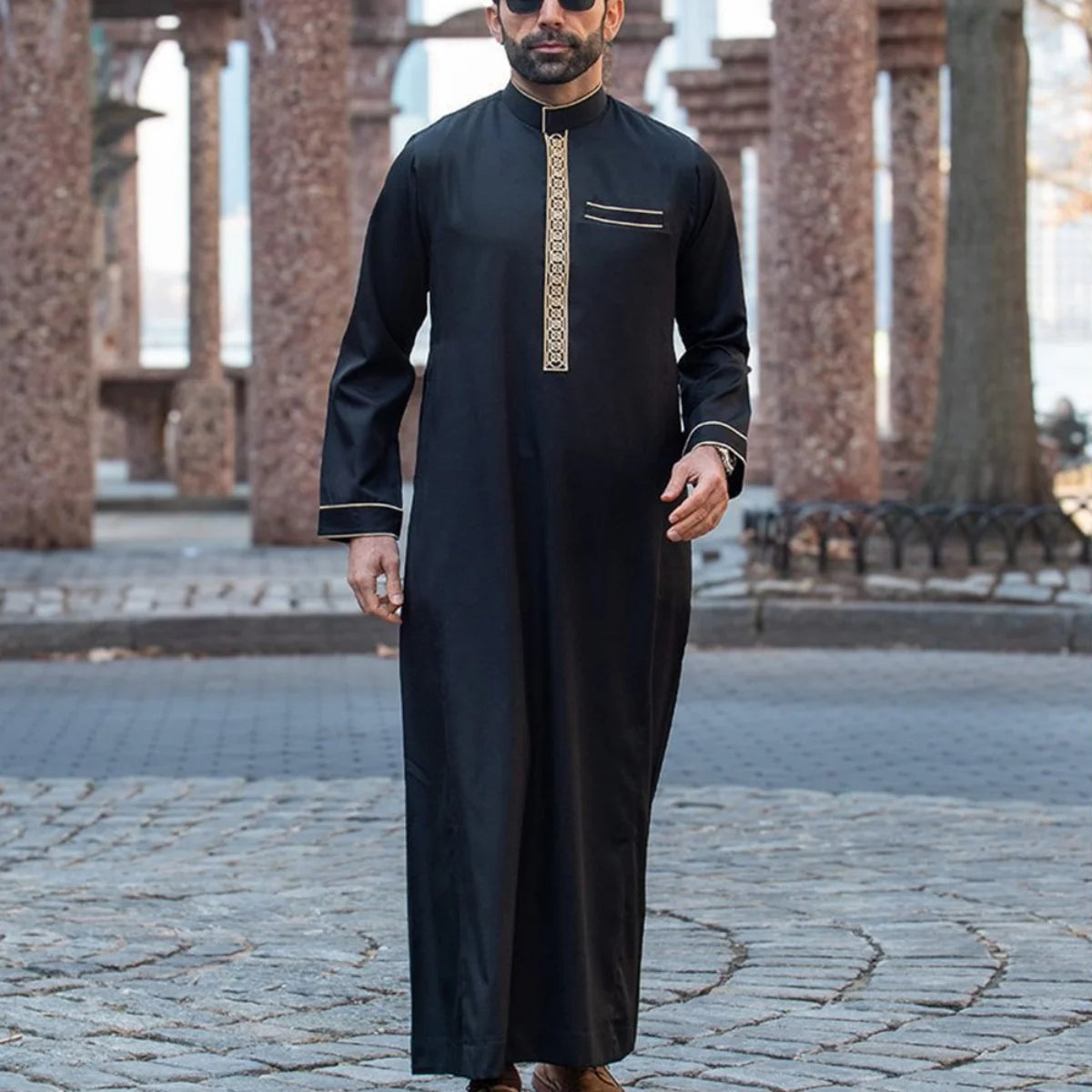 Islamic Muslim Arabic Men's Long Sleeve Robe Embroidered Stand Collar Arabian Thobe Traditional Clothing for Men