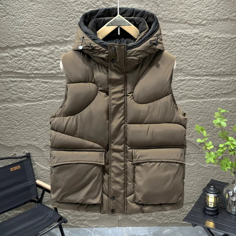 Men's Hooded Vest Winter Warm Waistcoat Men Cotton Padded Sleeveless Jackets Big Pockets Black Thick Coat Cosplay Costume 2026