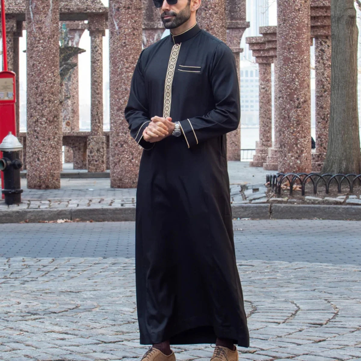 Islamic Muslim Arabic Men's Long Sleeve Robe Embroidered Stand Collar Arabian Thobe Traditional Clothing for Men
