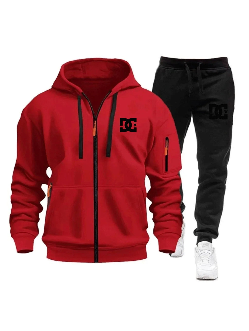 Two sets of men's sportswear for autumn/Winter 2026, including a sweatshirt and two sets of fitness jogging pants with wool caps