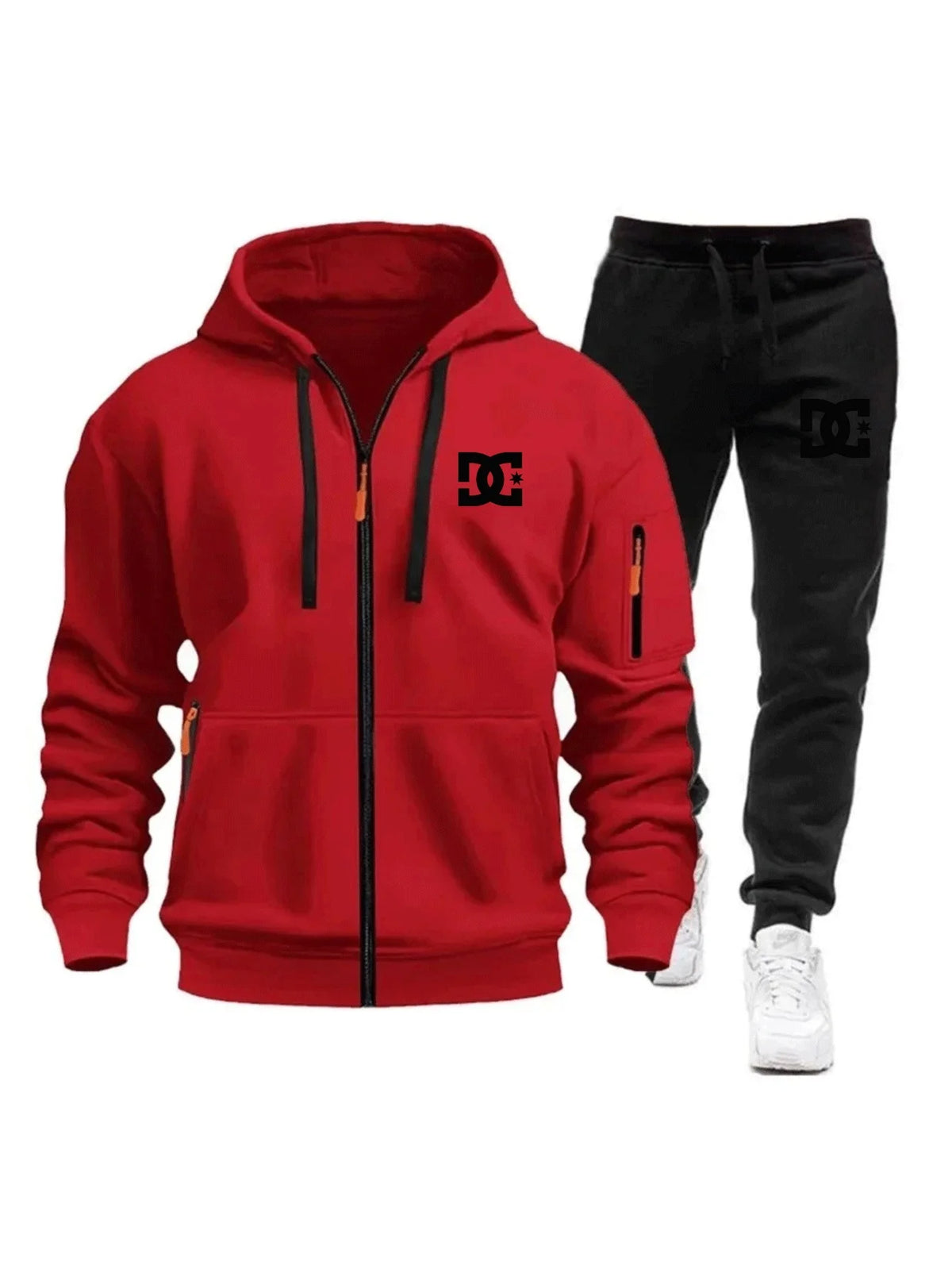 Two sets of men's sportswear for autumn/Winter 2026, including a sweatshirt and two sets of fitness jogging pants with wool caps