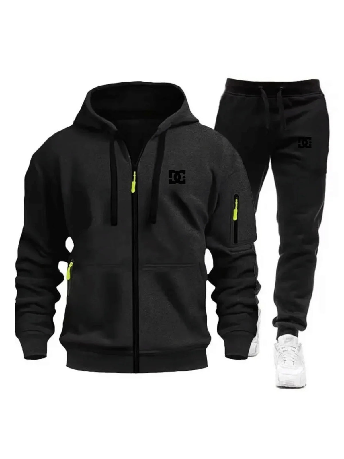 Two sets of men's sportswear for autumn/Winter 2026, including a sweatshirt and two sets of fitness jogging pants with wool caps
