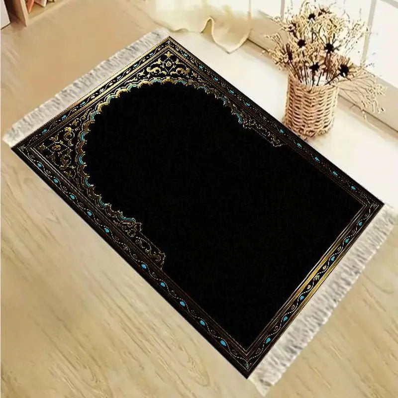 VIKAMA Velvet Islamic Salat Mat Simple Black Gold Blue Floral Mihrab Pattern Portable Anti Slip Prayer Rug Eid Gift