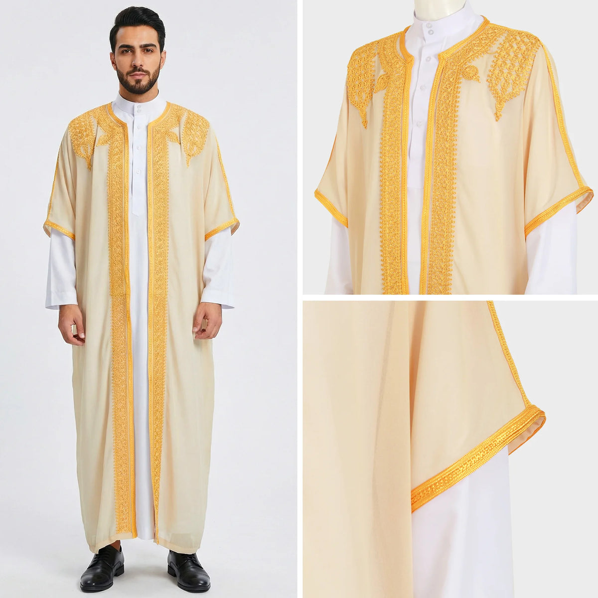 Eid Men Robe Jubba Thobe Open Abaya Dishdasha Islamic Embroidery Cardigan Abayas Dubai Male Muslim Prayer Kaftan Ramadan Morocco