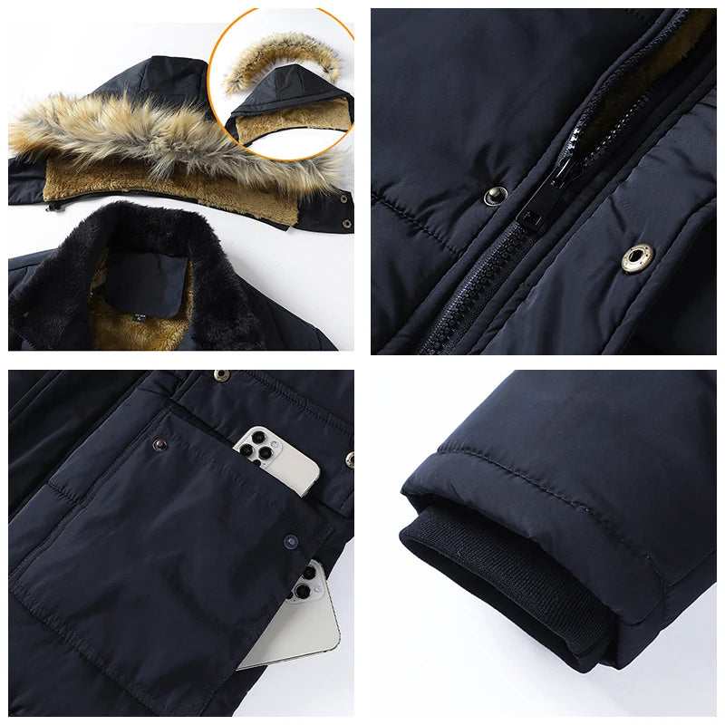 Men Winter New Windproof Fleece Warm Thick Jacket Parkas Coat Men Fashion Hooded Fur Collar Jacket Classic Casual Parka Men