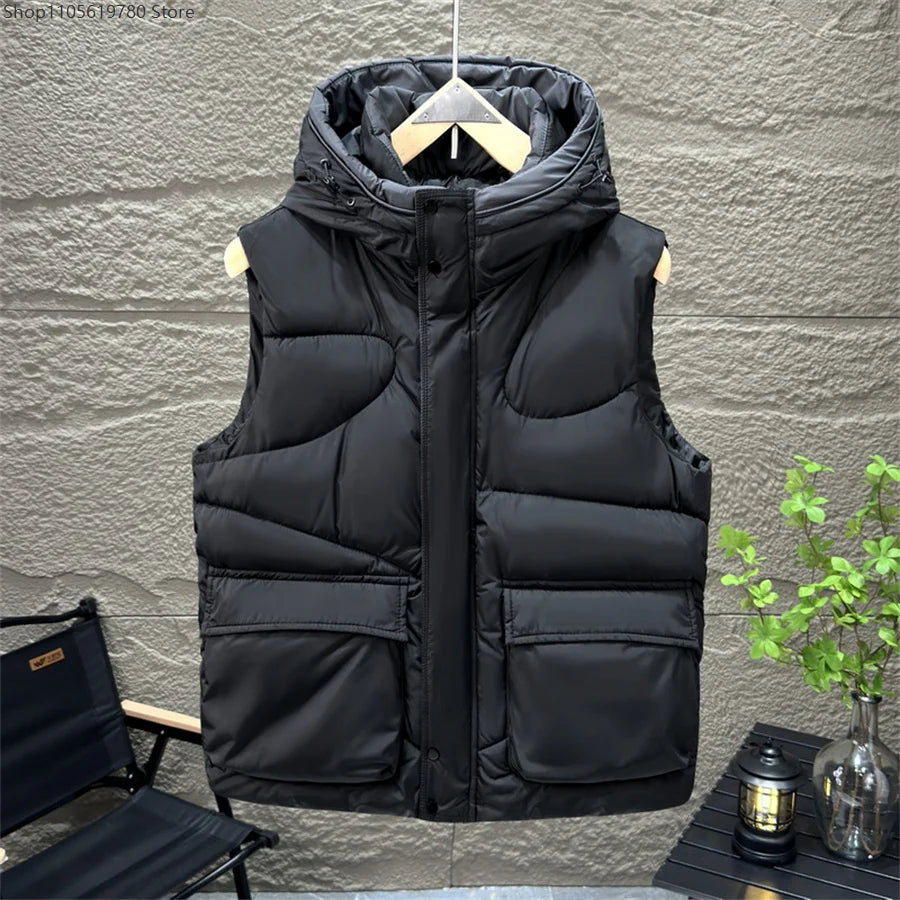 Men's Hooded Vest Winter Warm Waistcoat Men Cotton Padded Sleeveless Jackets Big Pockets Black Thick Coat Cosplay Costume 2026
