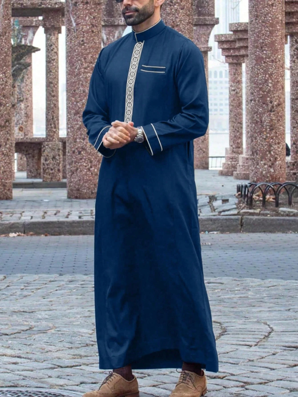 Islamic Muslim Arabic Men's Long Sleeve Robe Embroidered Stand Collar Arabian Thobe Traditional Clothing for Men