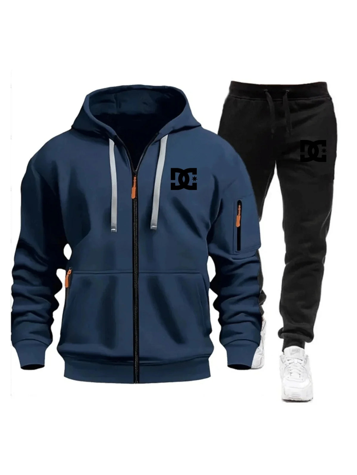 Two sets of men's sportswear for autumn/Winter 2026, including a sweatshirt and two sets of fitness jogging pants with wool caps