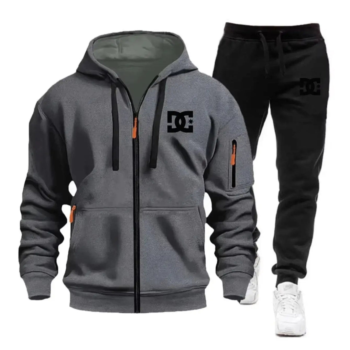 Two sets of men's sportswear for autumn/Winter 2026, including a sweatshirt and two sets of fitness jogging pants with wool caps