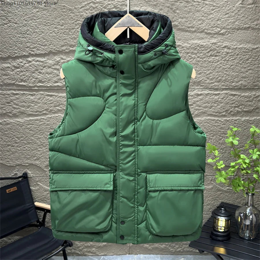 Men's Hooded Vest Winter Warm Waistcoat Men Cotton Padded Sleeveless Jackets Big Pockets Black Thick Coat Cosplay Costume 2026