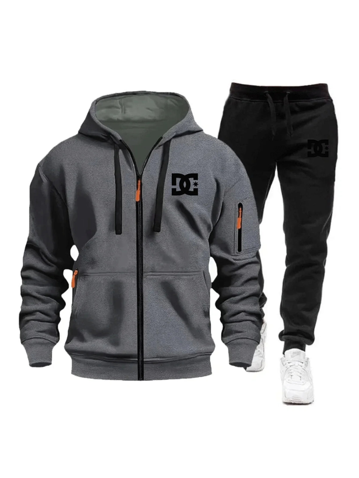 Two sets of men's sportswear for autumn/Winter 2026, including a sweatshirt and two sets of fitness jogging pants with wool caps