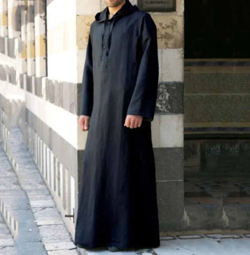 Men Hooded Muslim Fashion Saudi Arab for Men Long Sleeve Thobe Islamic Clothing Robe Solid Kaftan Top Islam Habit Ethnic Wear