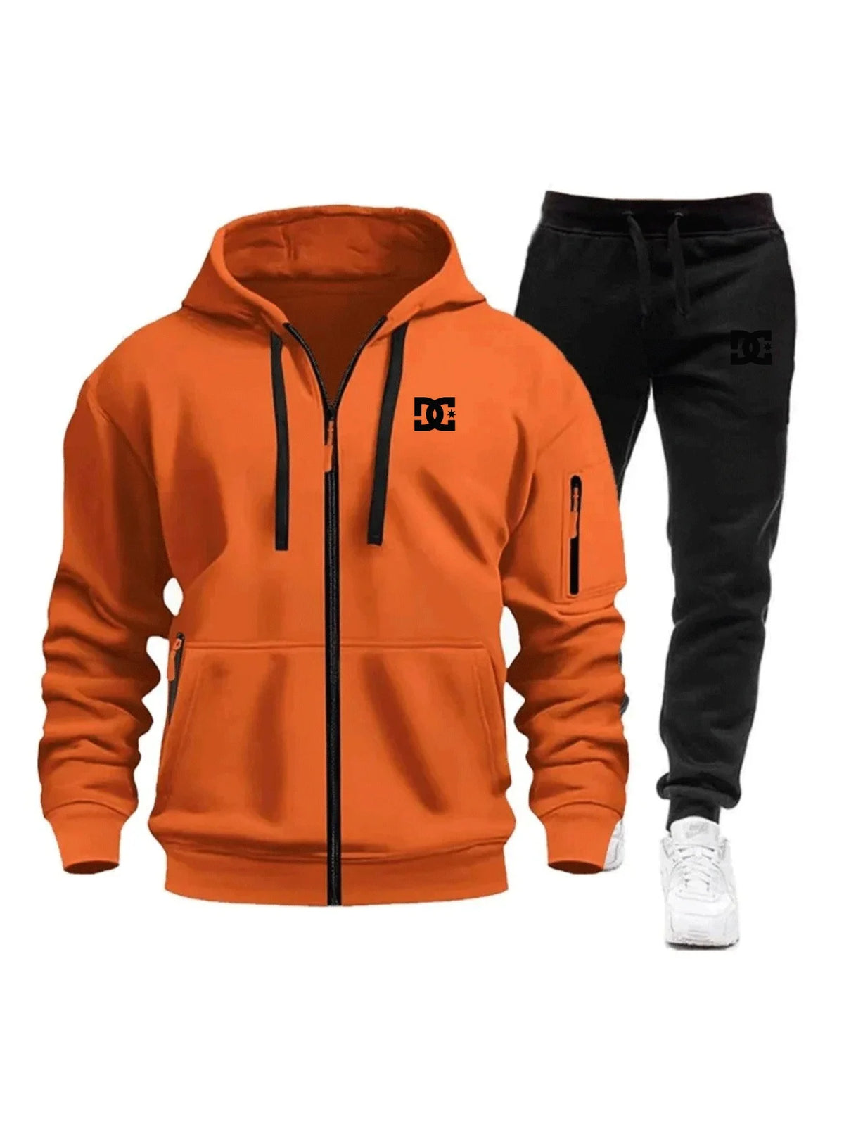 Two sets of men's sportswear for autumn/Winter 2026, including a sweatshirt and two sets of fitness jogging pants with wool caps