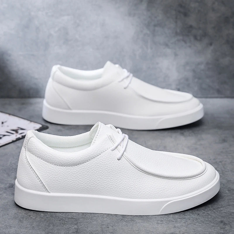 New Fashion Plain Lace-up Loafers Men's Comfort Sneakers Daily Driving Shoes Man Casual Faux Leather Business Moccasins White
