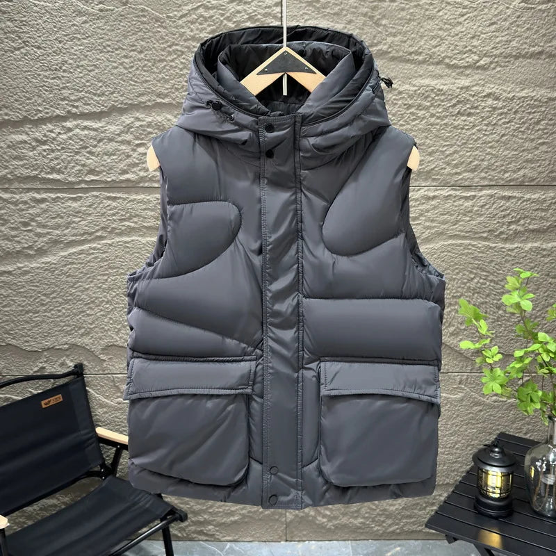 Men's Hooded Vest Winter Warm Waistcoat Men Cotton Padded Sleeveless Jackets Big Pockets Black Thick Coat Cosplay Costume 2026