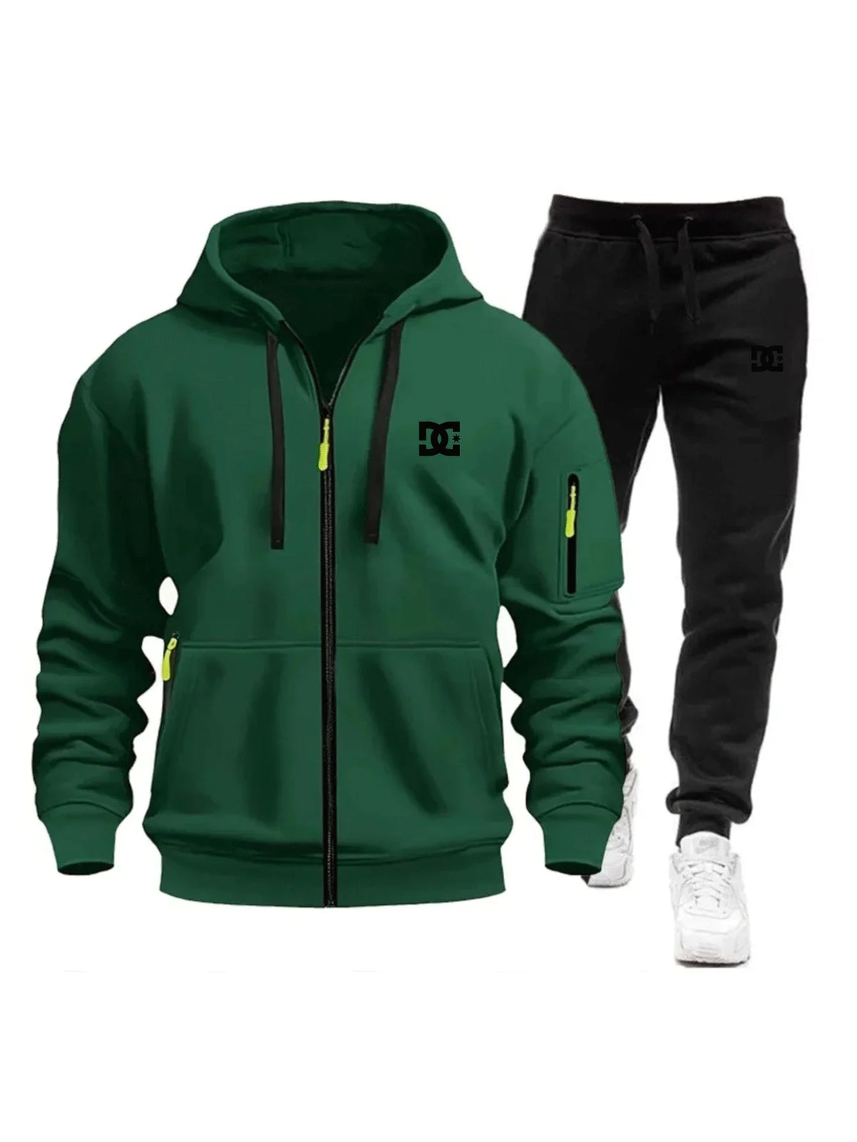 Two sets of men's sportswear for autumn/Winter 2026, including a sweatshirt and two sets of fitness jogging pants with wool caps