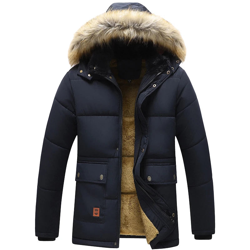 Men Winter New Windproof Fleece Warm Thick Jacket Parkas Coat Men Fashion Hooded Fur Collar Jacket Classic Casual Parka Men