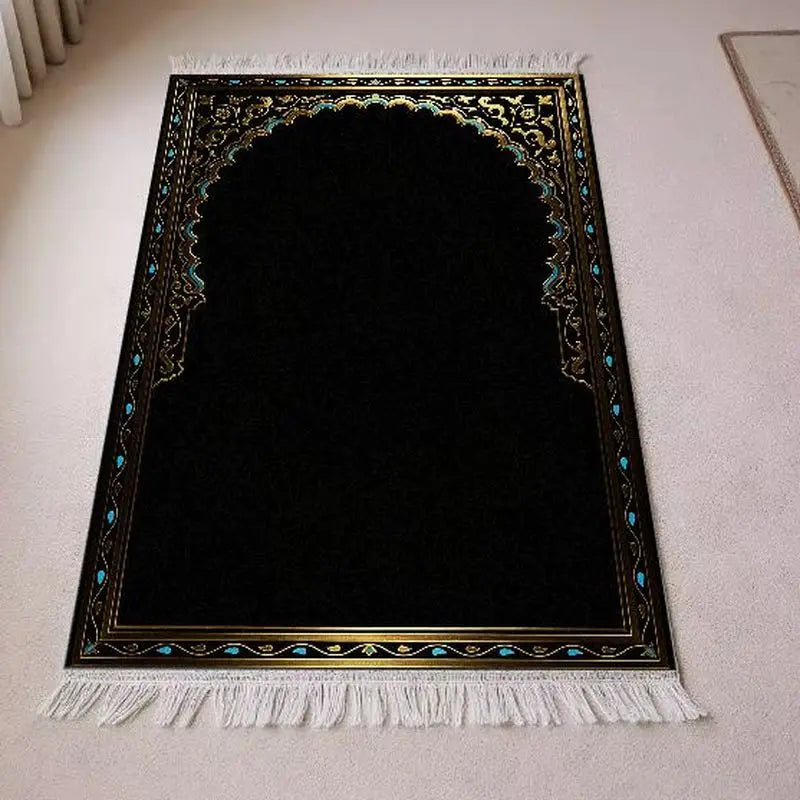 VIKAMA Velvet Islamic Salat Mat Simple Black Gold Blue Floral Mihrab Pattern Portable Anti Slip Prayer Rug Eid Gift