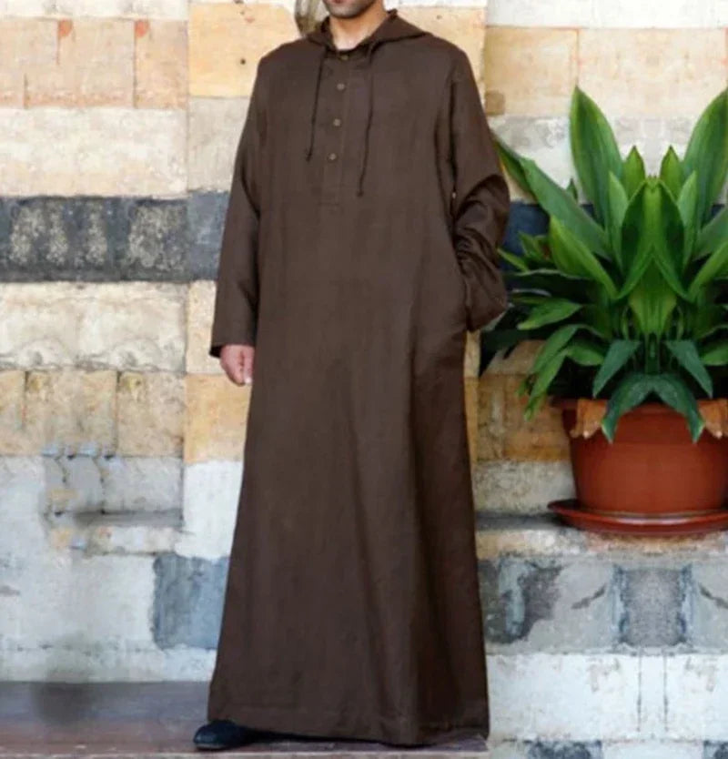 Men Hooded Muslim Fashion Saudi Arab for Men Long Sleeve Thobe Islamic Clothing Robe Solid Kaftan Top Islam Habit Ethnic Wear