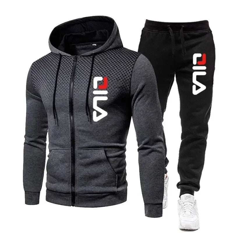 Men's Hooded Sweatshirt + Two-piece Athletic Pants 2026 Winter Printed Zipper Sweatshirt Casual Fitness Jogging Sports Set