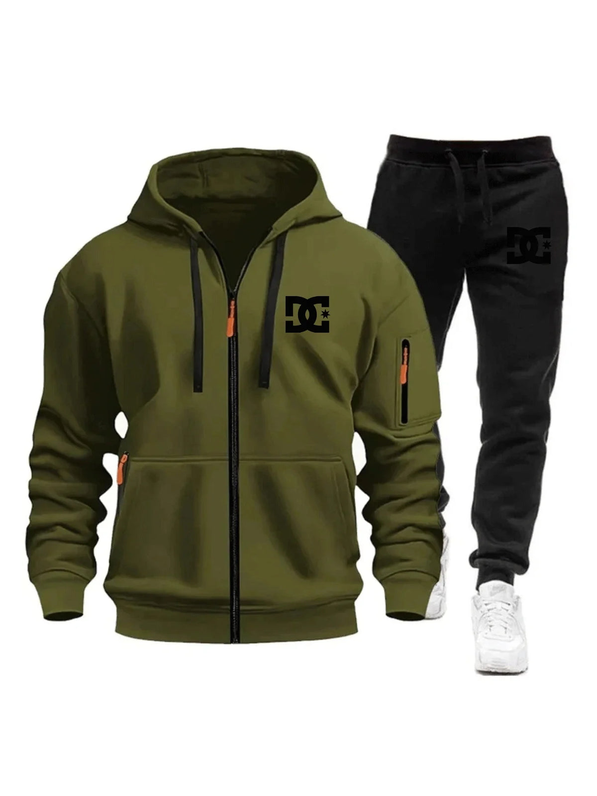 Two sets of men's sportswear for autumn/Winter 2026, including a sweatshirt and two sets of fitness jogging pants with wool caps