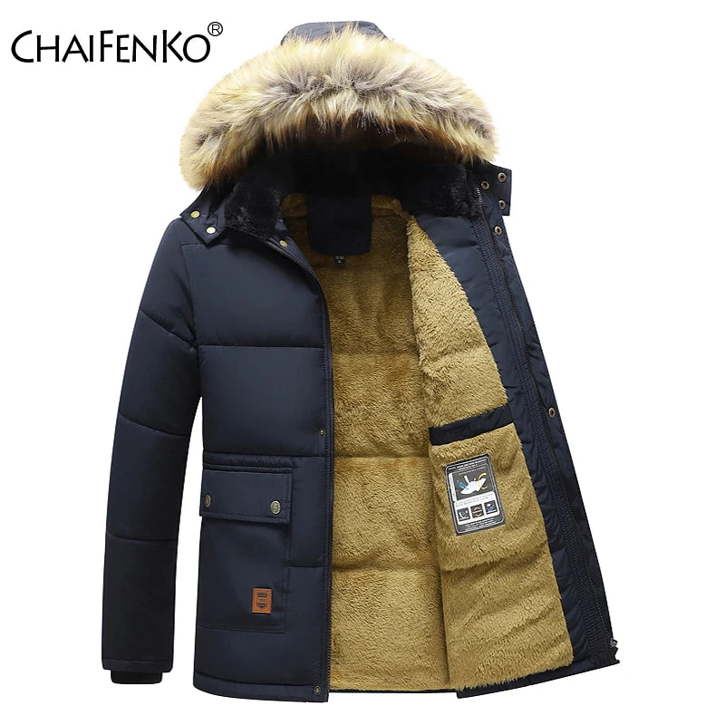 Men Winter New Windproof Fleece Warm Thick Jacket Parkas Coat Men Fashion Hooded Fur Collar Jacket Classic Casual Parka Men