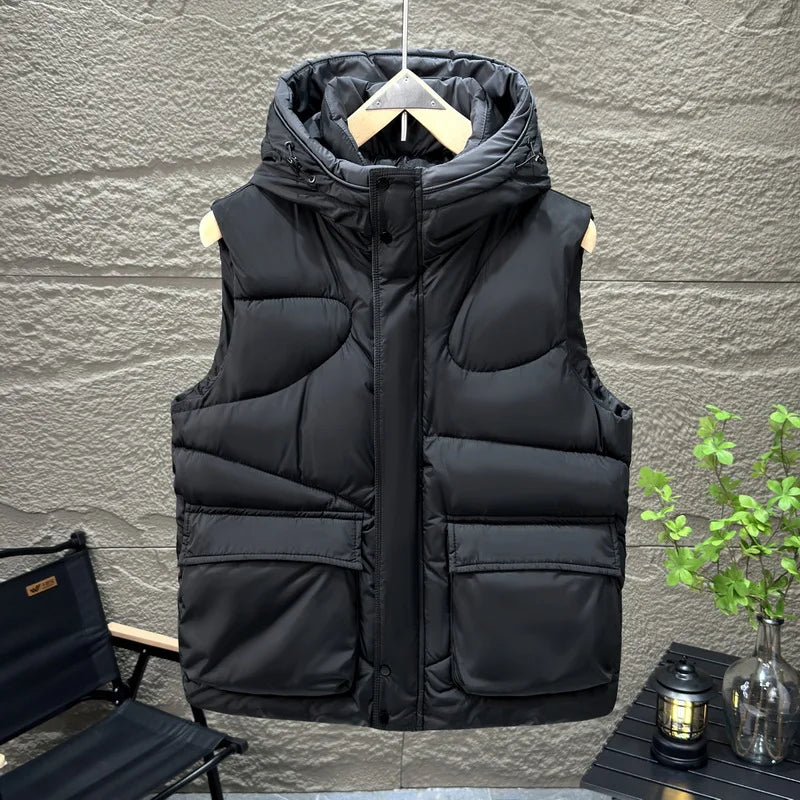 Men's Hooded Vest Winter Warm Waistcoat Men Cotton Padded Sleeveless Jackets Big Pockets Black Thick Coat Cosplay Costume 2026