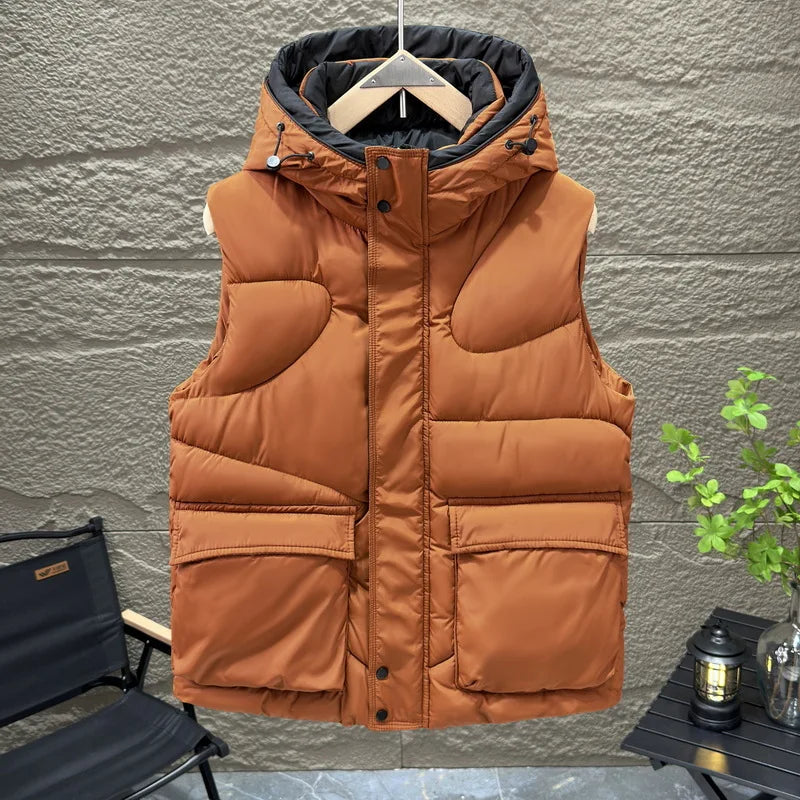 Men's Hooded Vest Winter Warm Waistcoat Men Cotton Padded Sleeveless Jackets Big Pockets Black Thick Coat Cosplay Costume 2026