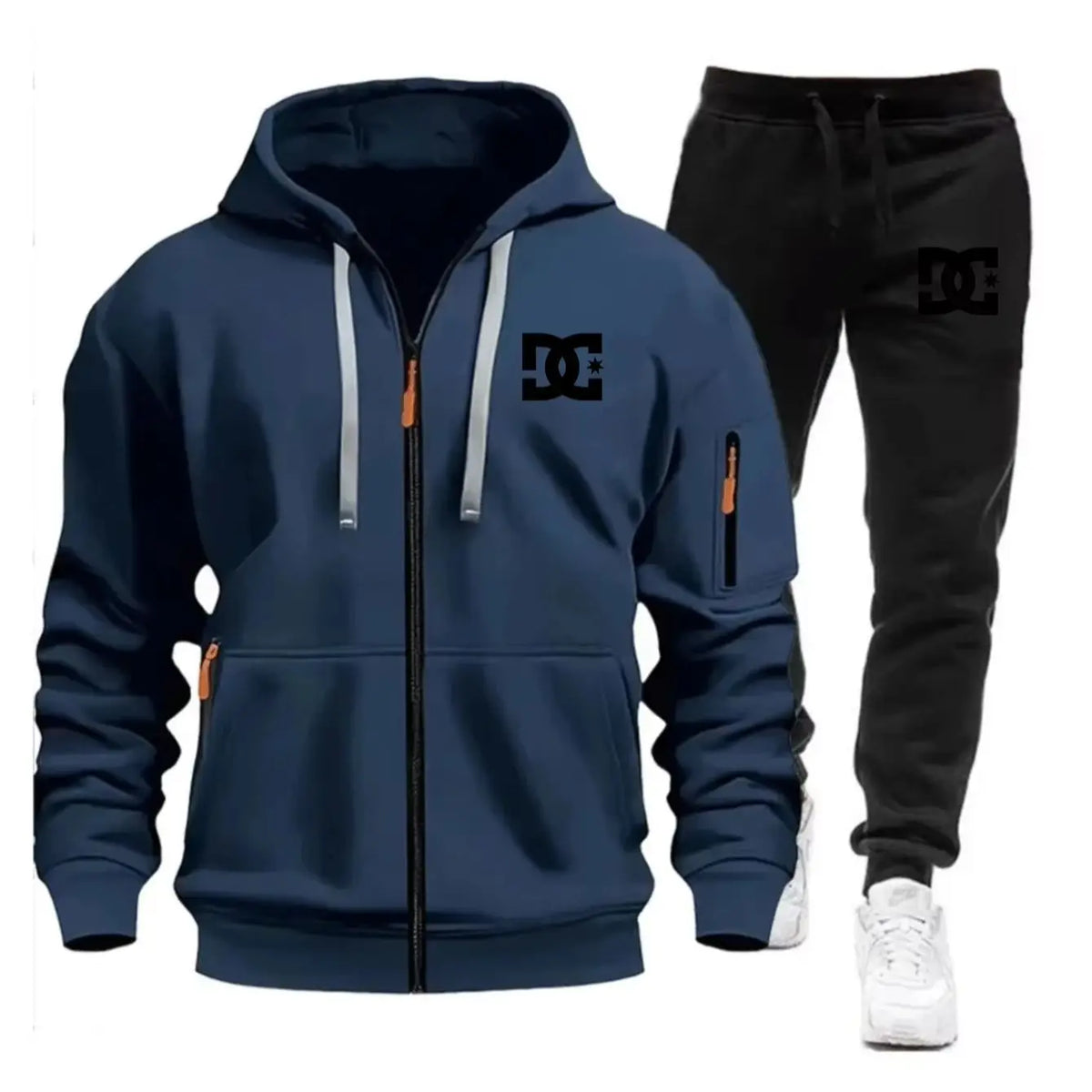 Two sets of men's sportswear for autumn/Winter 2026, including a sweatshirt and two sets of fitness jogging pants with wool caps