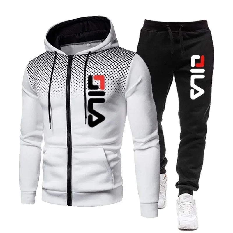 Men's Hooded Sweatshirt + Two-piece Athletic Pants 2026 Winter Printed Zipper Sweatshirt Casual Fitness Jogging Sports Set