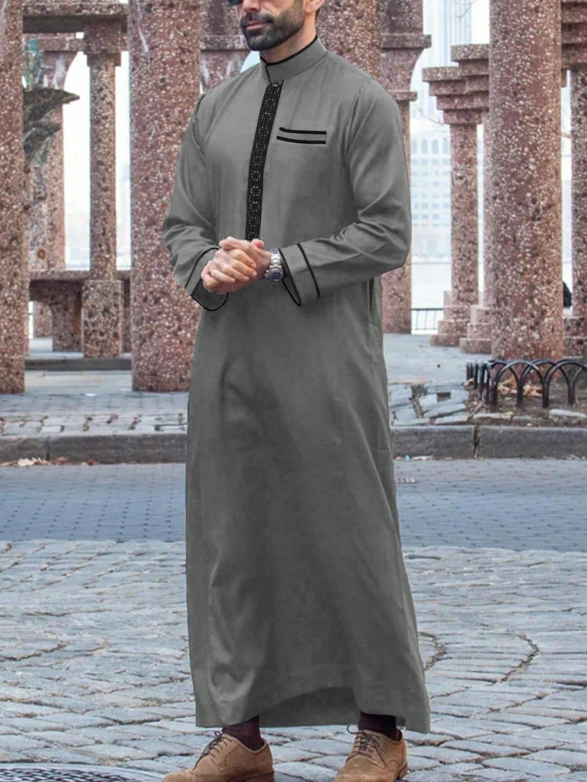 Islamic Muslim Arabic Men's Long Sleeve Robe Embroidered Stand Collar Arabian Thobe Traditional Clothing for Men
