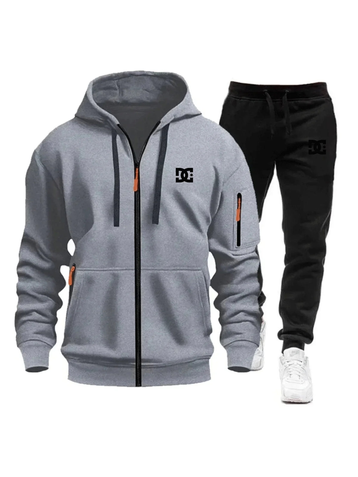 Two sets of men's sportswear for autumn/Winter 2026, including a sweatshirt and two sets of fitness jogging pants with wool caps