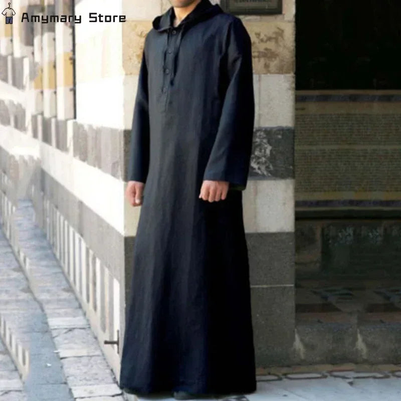 Men Hooded Muslim Fashion Saudi Arab for Men Long Sleeve Thobe Islamic Clothing Robe Solid Kaftan Top Islam Habit Ethnic Wear