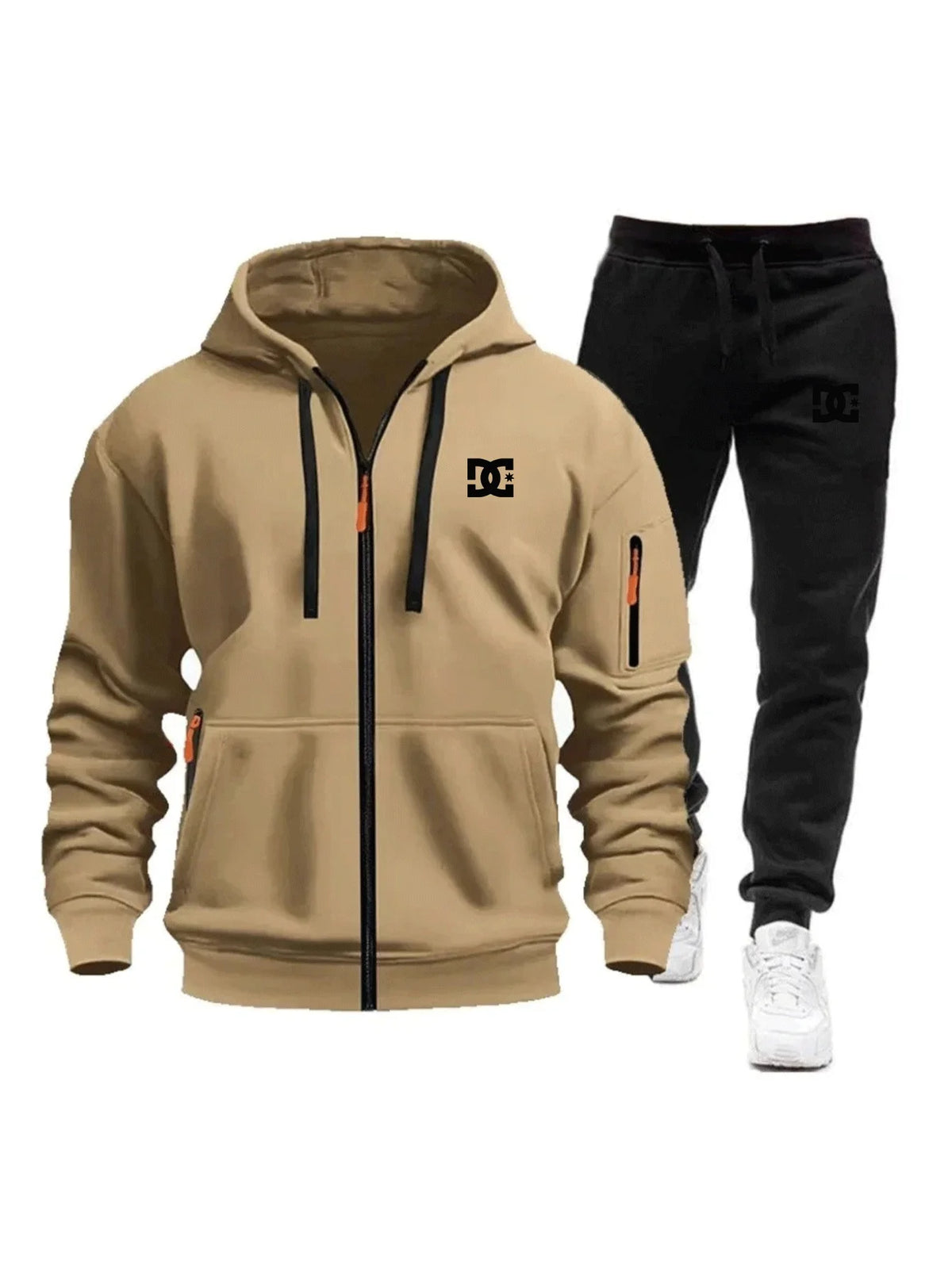 Two sets of men's sportswear for autumn/Winter 2026, including a sweatshirt and two sets of fitness jogging pants with wool caps