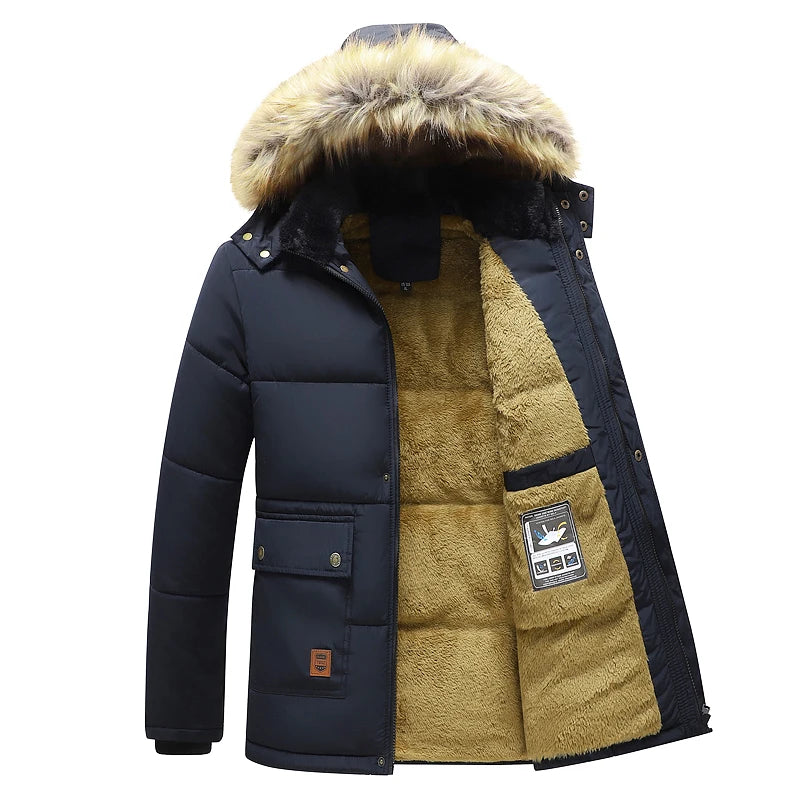 Men Winter New Windproof Fleece Warm Thick Jacket Parkas Coat Men Fashion Hooded Fur Collar Jacket Classic Casual Parka Men