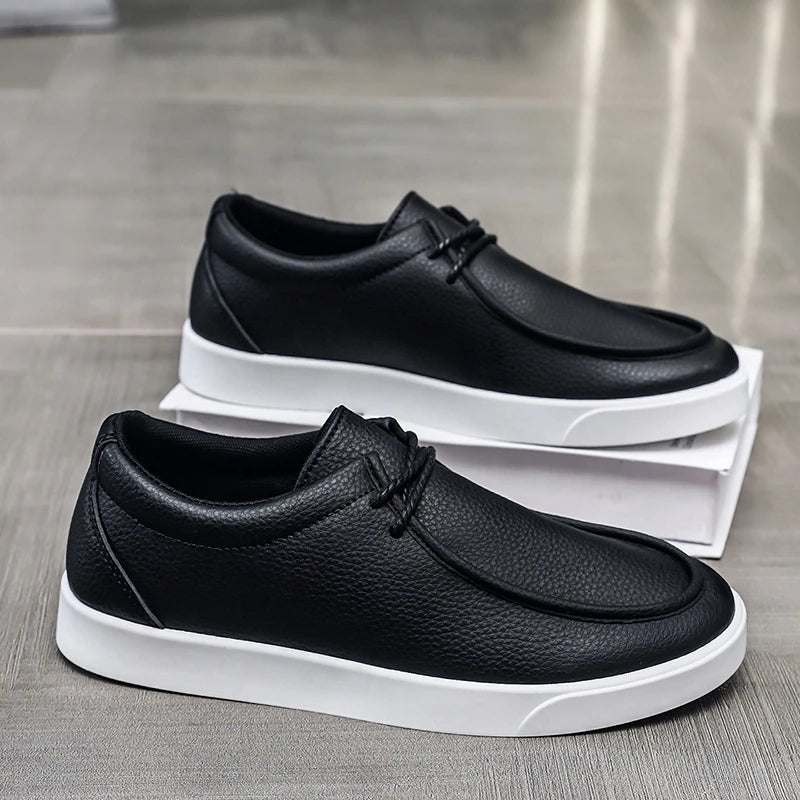 New Fashion Plain Lace-up Loafers Men's Comfort Sneakers Daily Driving Shoes Man Casual Faux Leather Business Moccasins White